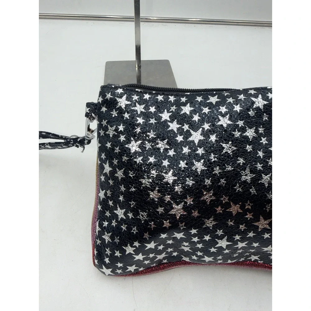 Bari Lynn Black Silver Star Wristlet Pouch Glitter Stripe Bag 11437 NWT
